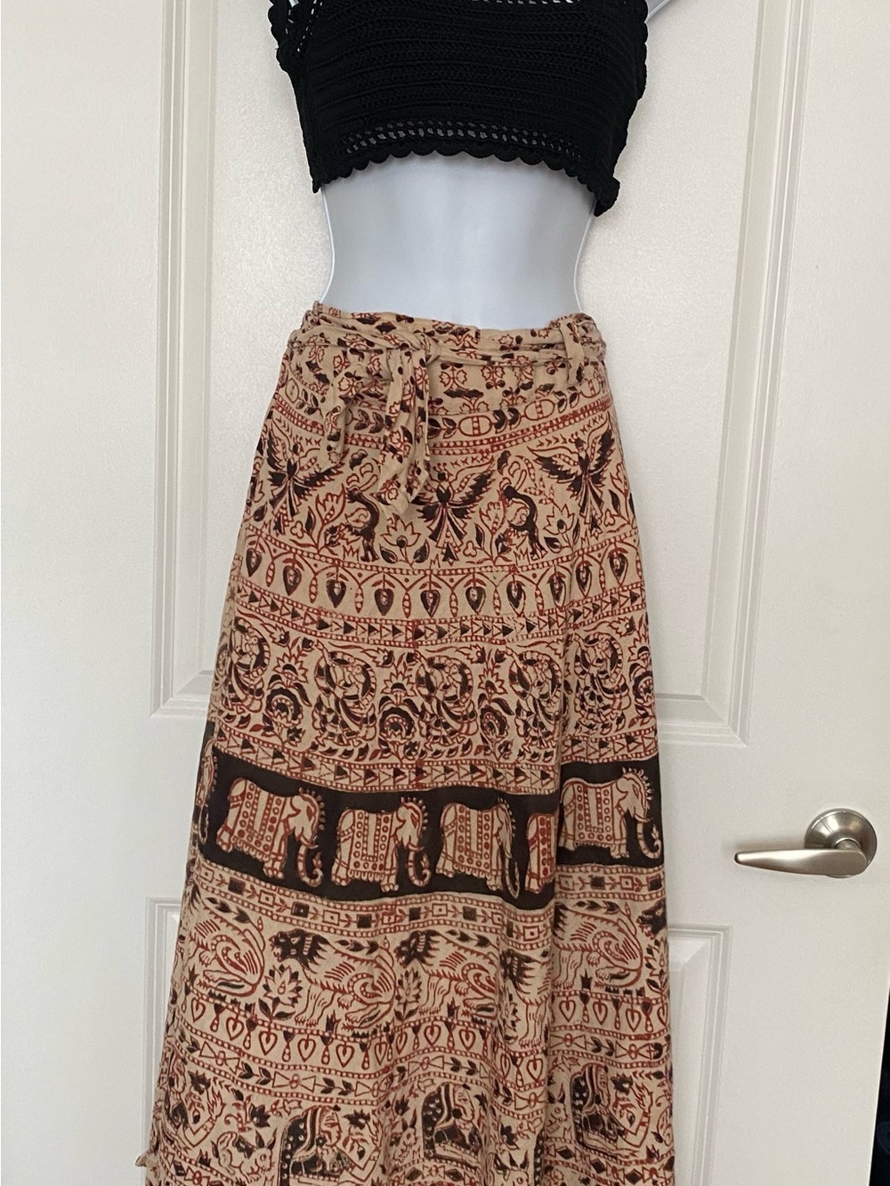 Bohemian Elephant Print Maxi Skirt in Beige and Brown